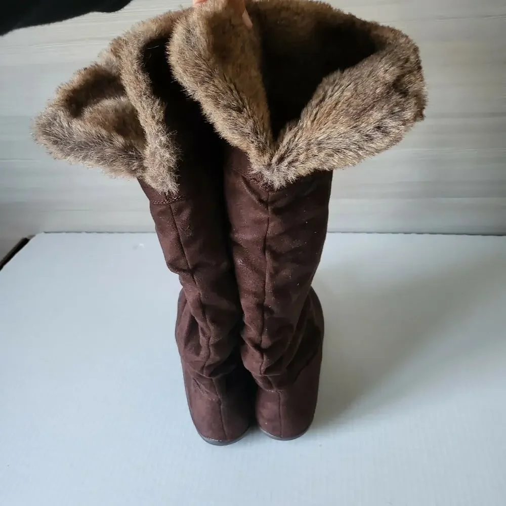 Report Snow Women's Boots Suede Faux Fur Brown Fold Over Convertible Boot Size 9